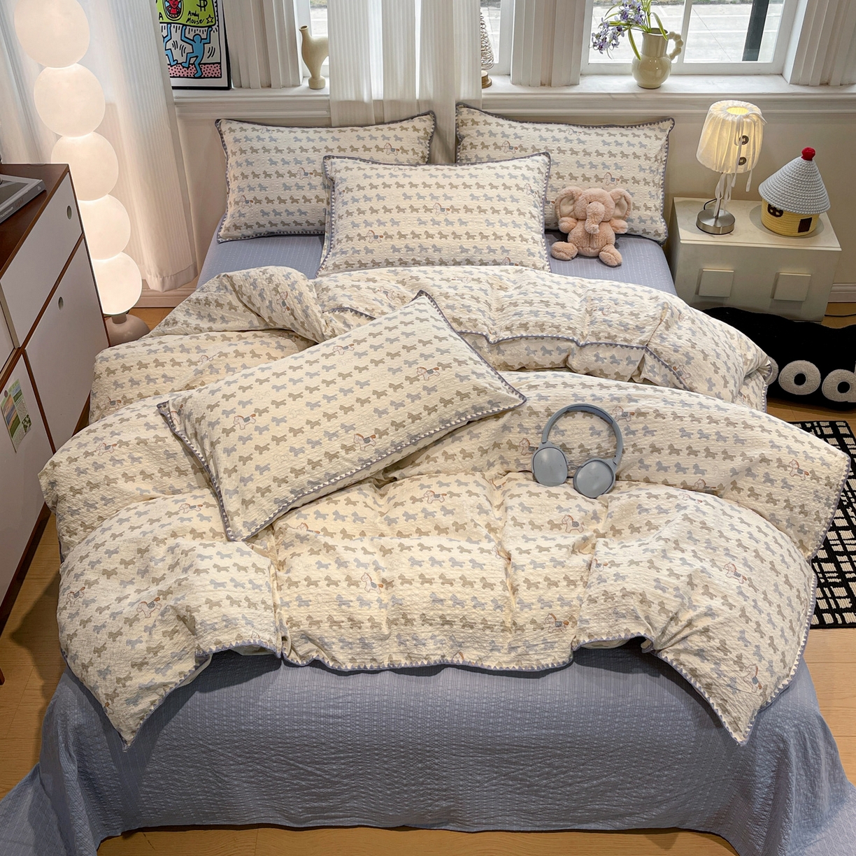 91家纺网 家纺一手货源 找家纺 源舍家纺 2026新款泡芙纱贝壳绣四件套 萌趣小马