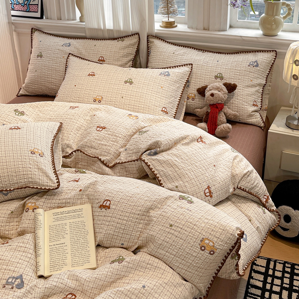 91家纺网 家纺一手货源 找家纺 源舍家纺 2026新款泡芙纱贝壳绣四件套 小汽车