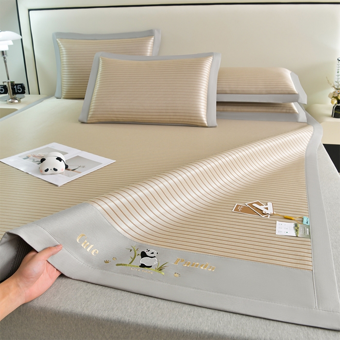 小牛席业 2026新款条纹爱家熊猫冰丝席藤席冰藤席冰丝席可机洗凉感冰丝席豆豆席PE霸王 咖色