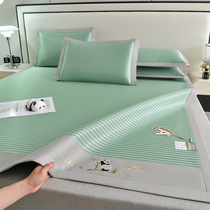 小牛席业 2026新款条纹爱家熊猫冰丝席藤席冰藤席冰丝席可机洗凉感冰丝席豆豆席PE霸王 绿色