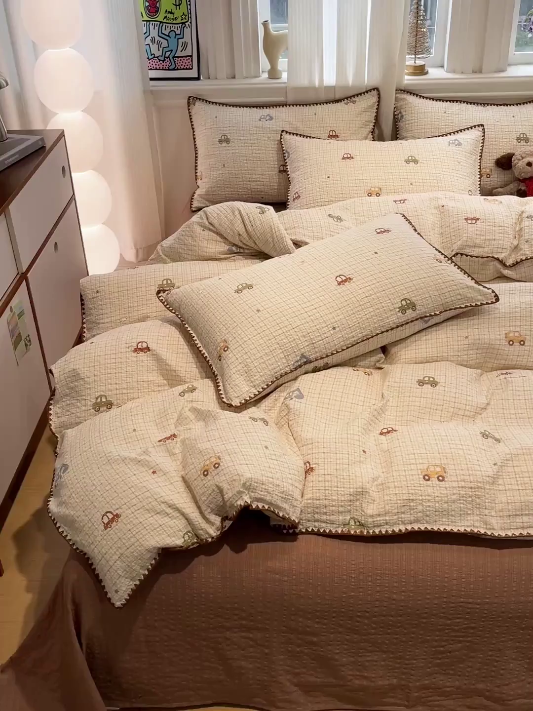 91家纺网 家纺一手货源 找家纺 源舍家纺 2026新款泡芙纱贝壳绣四件套 小汽车