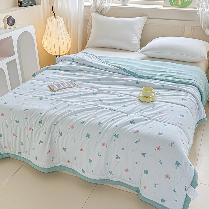 91家纺网 家纺一手货源 找家纺 好欣怡家纺 2026新款水洗棉夏被空调被被子被芯印花小清新夏凉被直播热款水洗棉包边款-花漾-兰