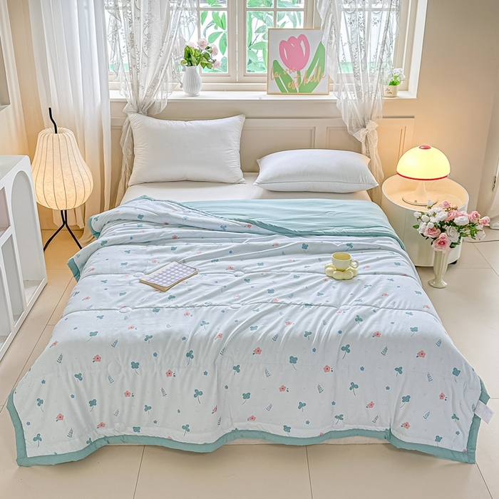 好欣怡家纺 2026新款水洗棉夏被空调被被子被芯印花小清新夏凉被直播热款水洗棉包边款-花漾-兰