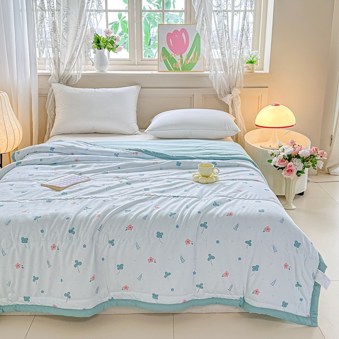 91家纺网 家纺一手货源 找家纺 好欣怡家纺 2026新款水洗棉夏被空调被被子被芯印花小清新夏凉被直播热款水洗棉包边款-花漾-兰