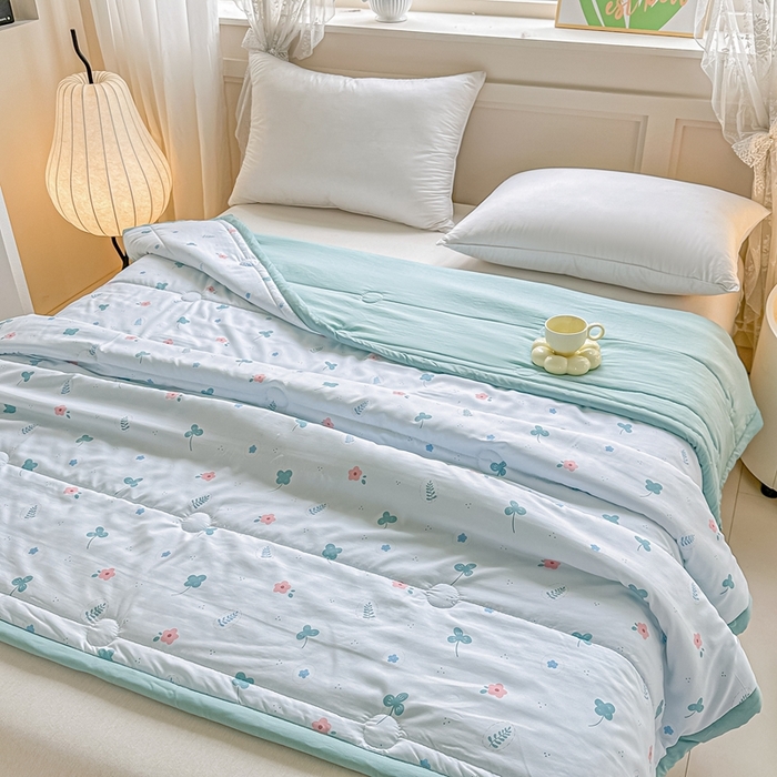 91家纺网 家纺一手货源 找家纺 好欣怡家纺 2026新款水洗棉夏被空调被被子被芯印花小清新夏凉被直播热款水洗棉包边款-花漾-兰