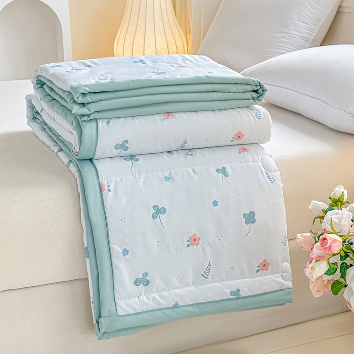 91家纺网 家纺一手货源 找家纺 好欣怡家纺 2026新款水洗棉夏被空调被被子被芯印花小清新夏凉被直播热款水洗棉包边款-花漾-兰