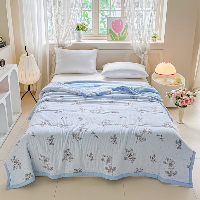 好欣怡家纺 2026新款水洗棉夏被空调被被子被芯印花小清新夏凉被直播热款水洗棉包边款-蓝樱