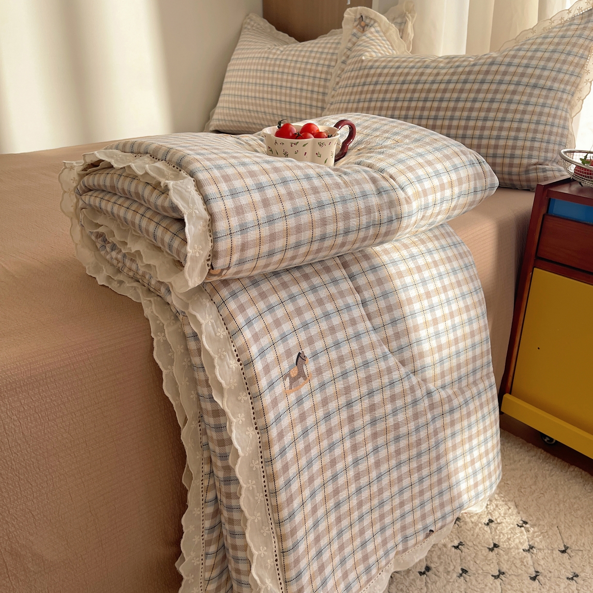 91家纺网 家纺一手货源 找家纺 梵克保罗 2026春夏新款全棉纯棉花边皱皱纱单夏被夏凉被空调被夏被四件套 雾格马