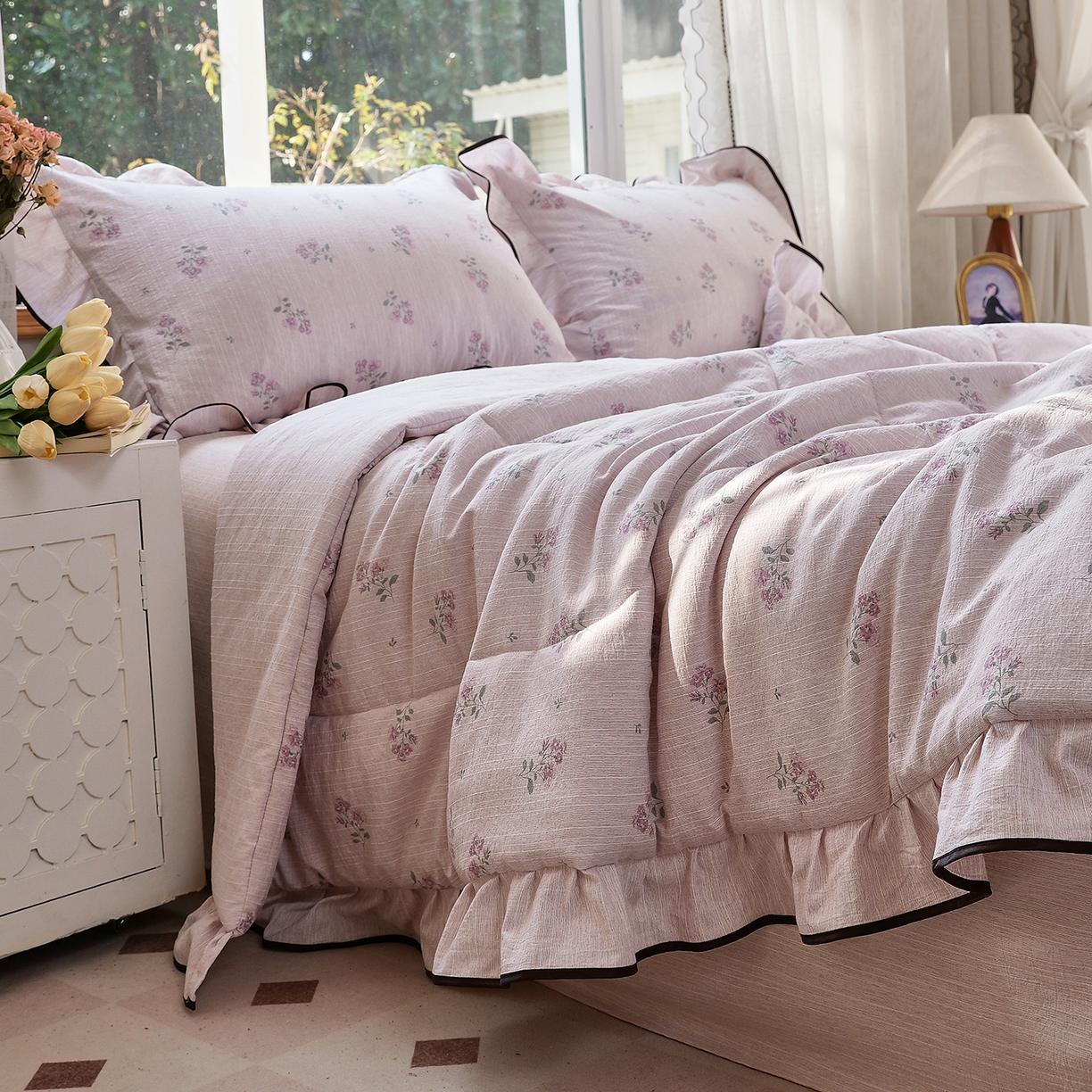 91家纺网 家纺一手货源 找家纺 梵克保罗 2026春夏新款提花色织花边夏被四件套单夏被空调被 樱花绘