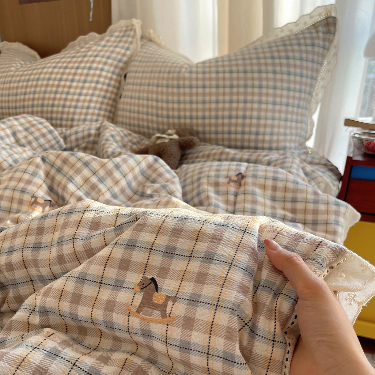 91家纺网 家纺一手货源 找家纺 梵克保罗 2026春夏新款全棉纯棉花边皱皱纱单夏被夏凉被空调被夏被四件套 雾格马