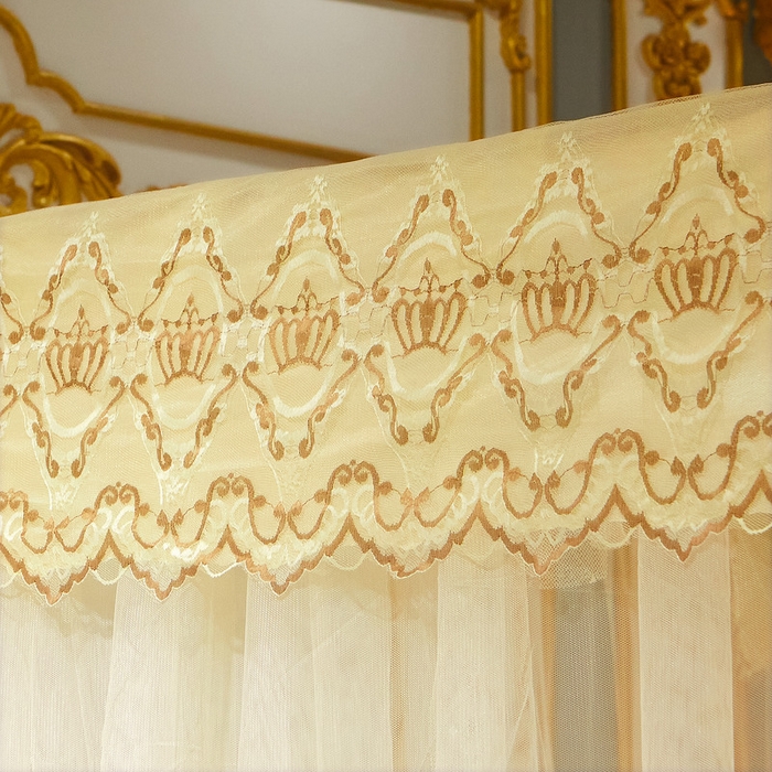 91家纺网 家纺一手货源 找家纺 冉美家纺 2026新款宫廷蚊帐 皇冠 恋情 幻彩 缤纷 皇冠-米黄