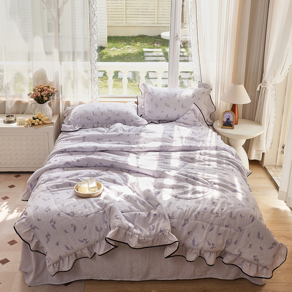 91家纺网 家纺一手货源 找家纺 梵克保罗 2026春夏新款提花色织花边夏被四件套单夏被空调被 紫穗