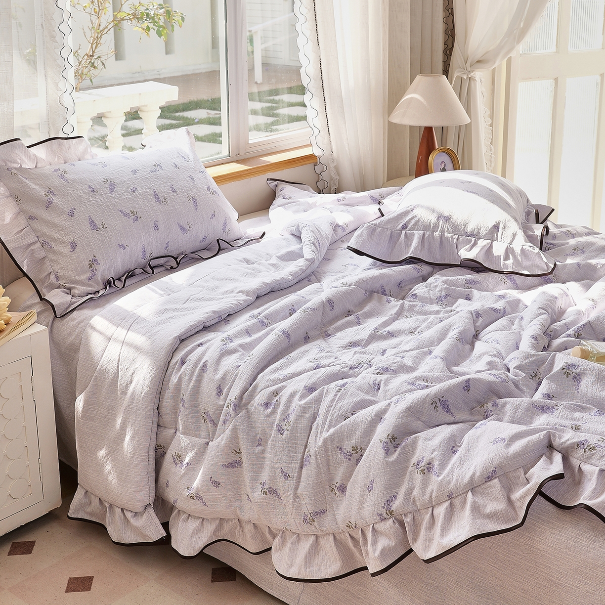 91家纺网 家纺一手货源 找家纺 梵克保罗 2026春夏新款提花色织花边夏被四件套单夏被空调被 紫穗