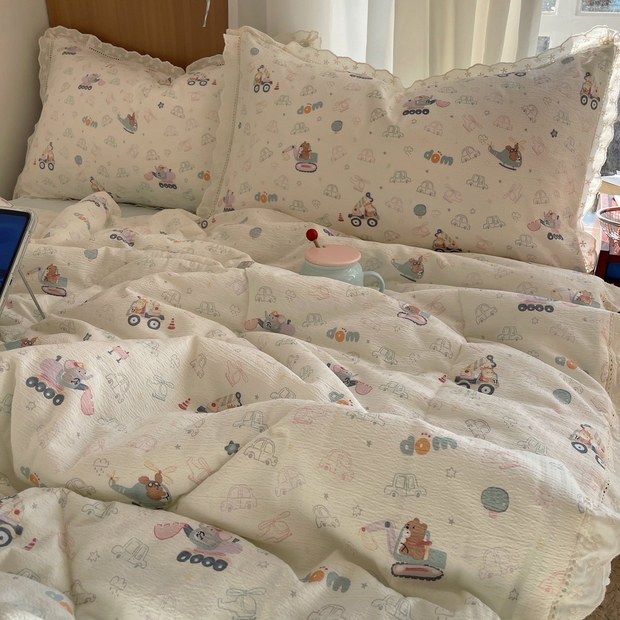 91家纺网 家纺一手货源 找家纺 梵克保罗 2026春夏新款全棉纯棉花边皱皱纱单夏被夏凉被空调被夏被四件套 象车乐园