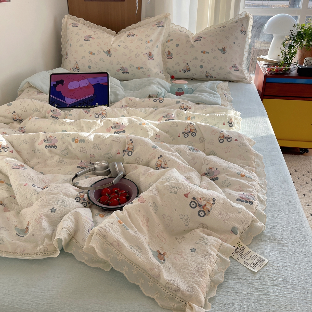 91家纺网 家纺一手货源 找家纺 梵克保罗 2026春夏新款全棉纯棉花边皱皱纱单夏被夏凉被空调被夏被四件套 象车乐园