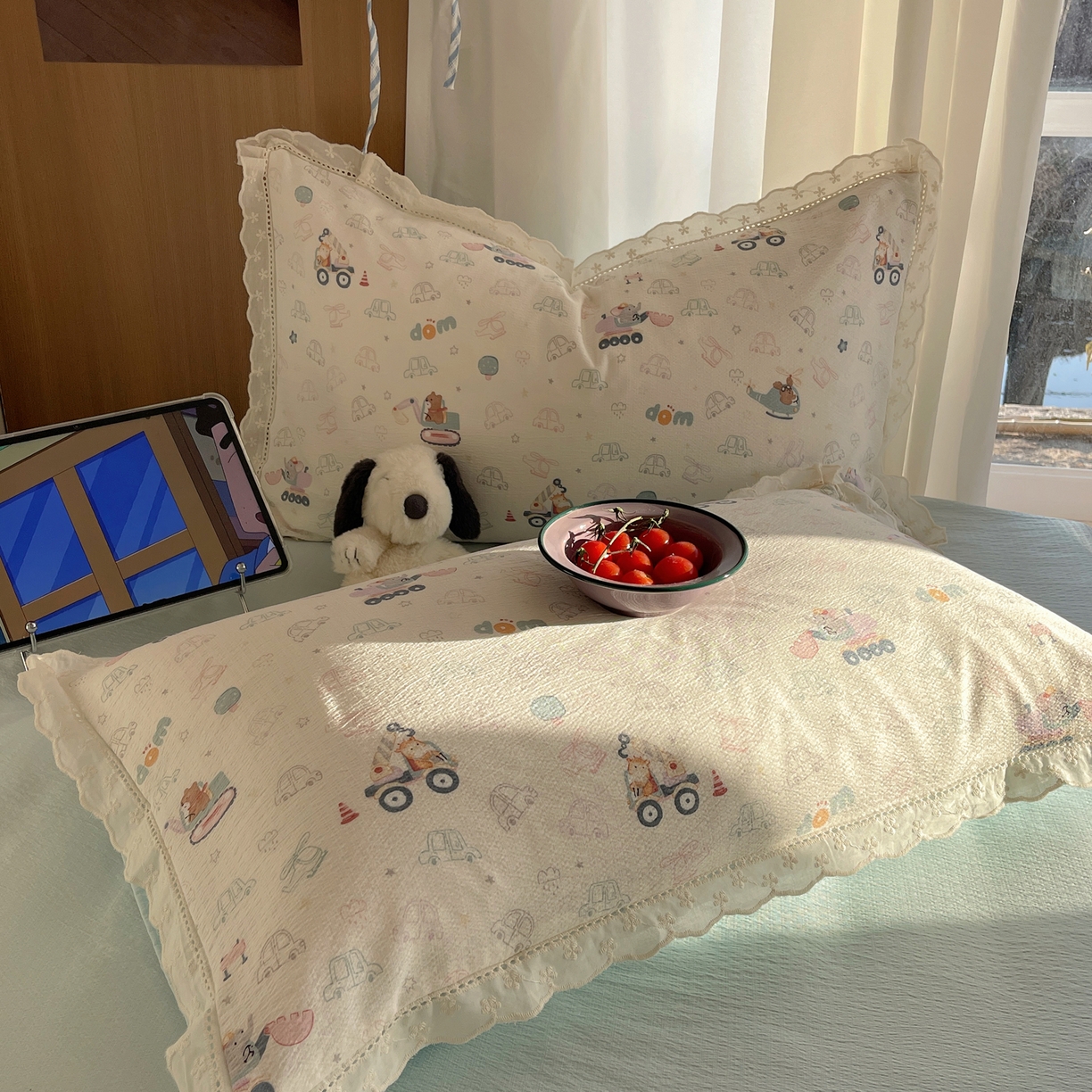 91家纺网 家纺一手货源 找家纺 梵克保罗 2026春夏新款全棉纯棉花边皱皱纱单夏被夏凉被空调被夏被四件套 象车乐园