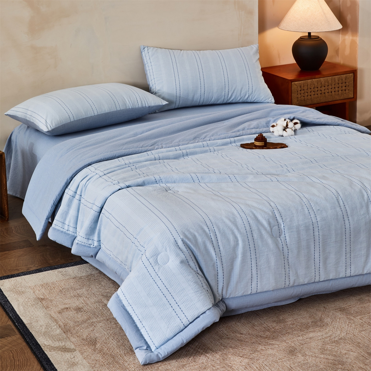 91家纺网 家纺一手货源 找家纺 恬思语家纺 2026新款全棉色织提花棉花夏被夏凉被空调被-流光 流光-蓝