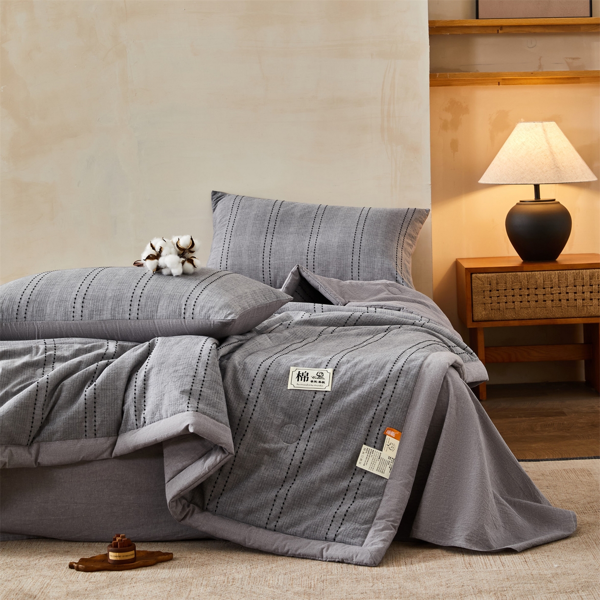 91家纺网 家纺一手货源 找家纺 恬思语家纺 2026新款全棉色织提花棉花夏被夏凉被空调被-流光 流光-灰