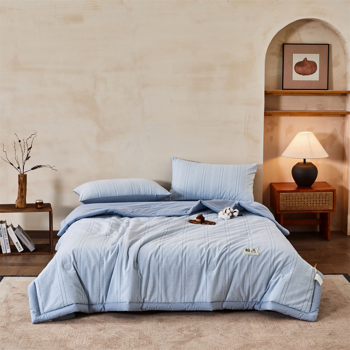 91家纺网 家纺一手货源 找家纺 恬思语家纺 2026新款全棉色织提花棉花夏被夏凉被空调被-流光 流光-蓝