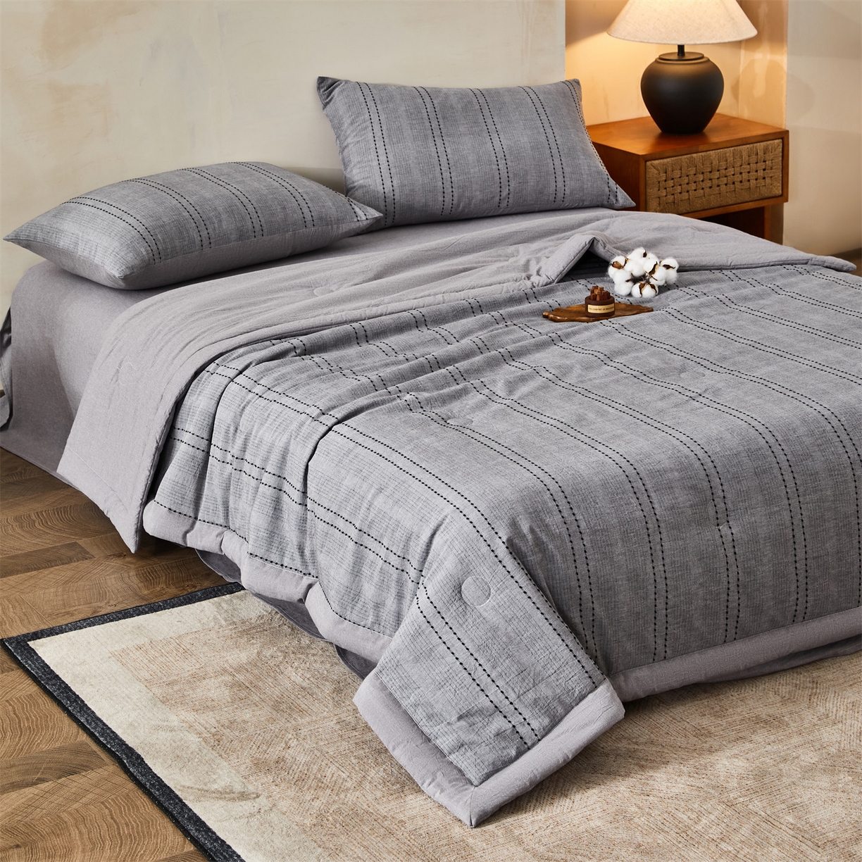 91家纺网 家纺一手货源 找家纺 恬思语家纺 2026新款全棉色织提花棉花夏被夏凉被空调被-流光 流光-灰