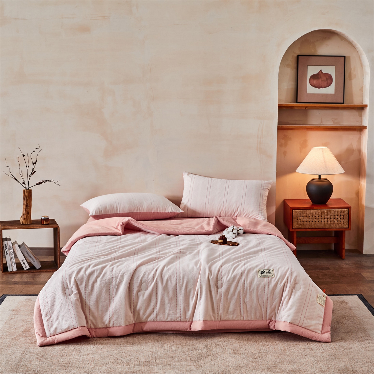 91家纺网 家纺一手货源 找家纺 恬思语家纺 2026新款全棉色织提花棉花夏被夏凉被空调被-流光 流光-粉