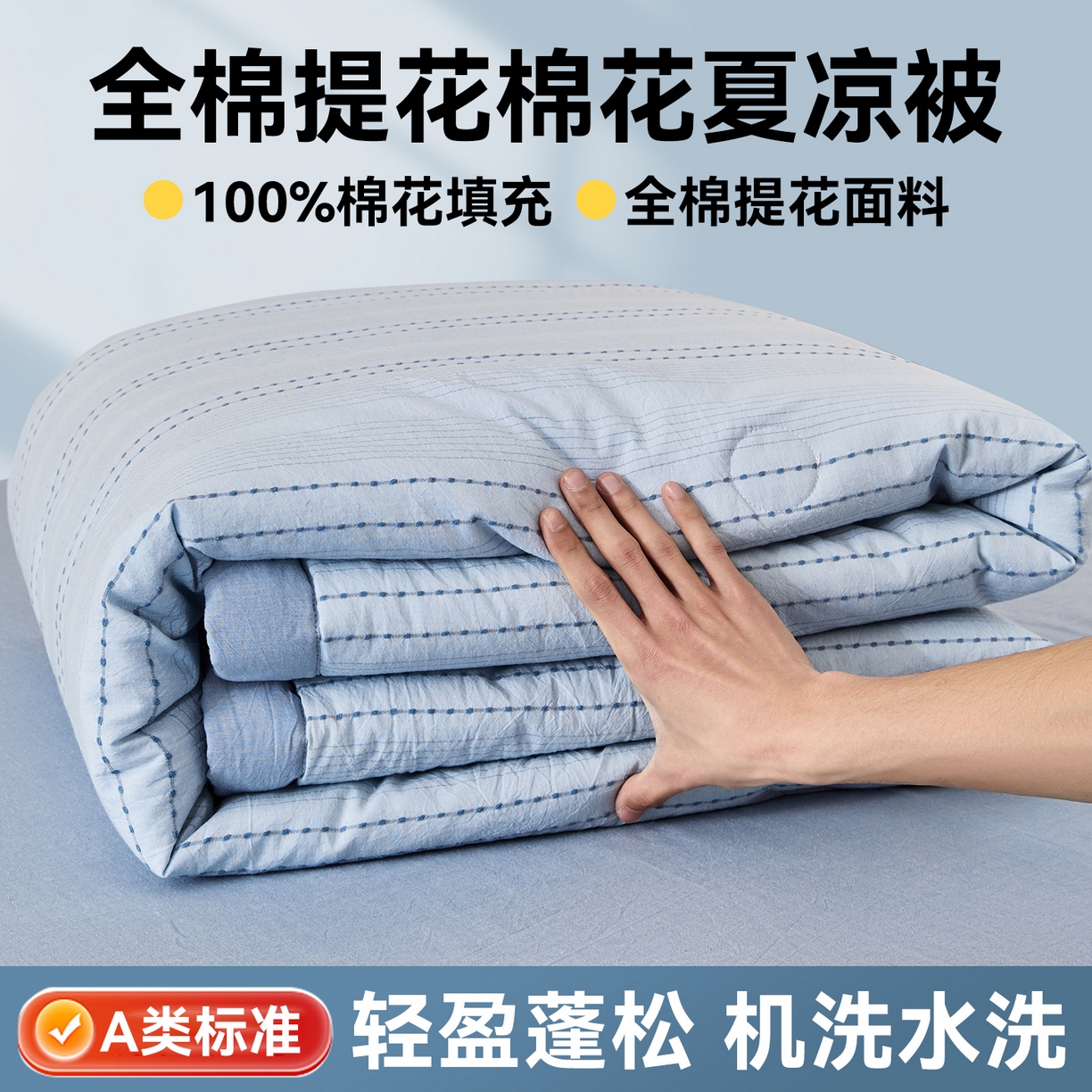 91家纺网 家纺一手货源 找家纺 恬思语家纺 2026新款全棉色织提花棉花夏被夏凉被空调被-流光 流光-蓝