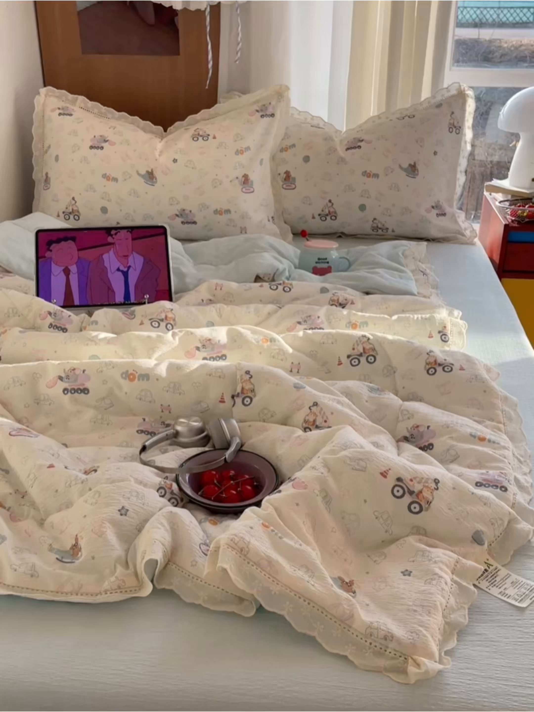 91家纺网 家纺一手货源 找家纺 梵克保罗 2026春夏新款全棉纯棉花边皱皱纱单夏被夏凉被空调被夏被四件套 象车乐园