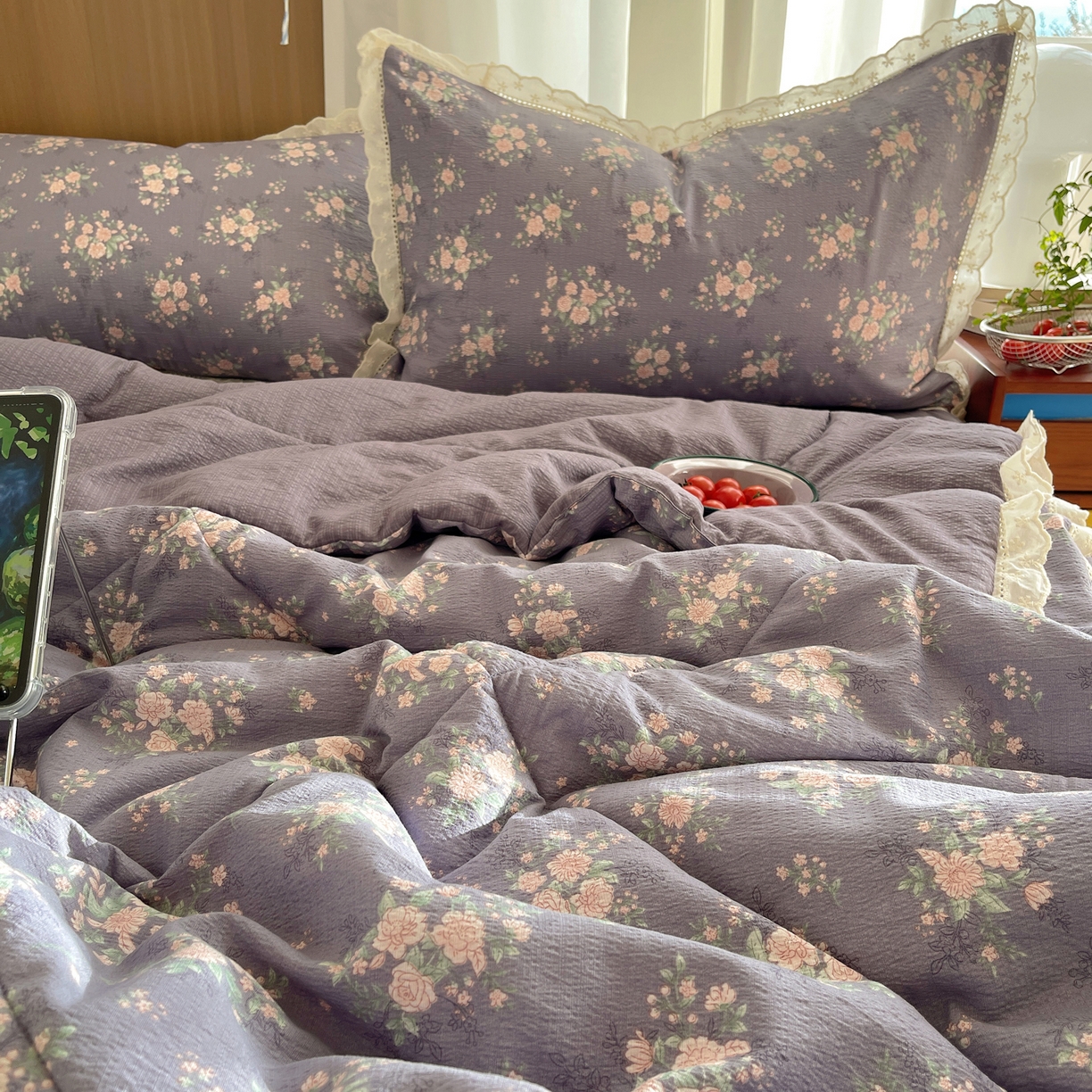 91家纺网 家纺一手货源 找家纺 梵克保罗 2026春夏新款全棉纯棉花边皱皱纱单夏被夏凉被空调被夏被四件套 樱络紫