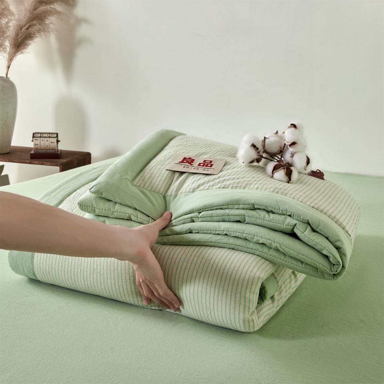 91家纺网 家纺一手货源 找家纺 恬思语家纺 2026新款春夏新款棉麻条纹棉花夏被空调被夏凉被 棉麻条-绿