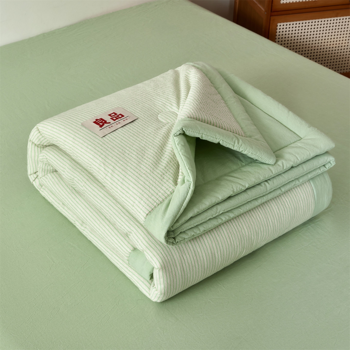 91家纺网 家纺一手货源 找家纺 恬思语家纺 2026新款春夏新款棉麻条纹棉花夏被空调被夏凉被 棉麻条-绿