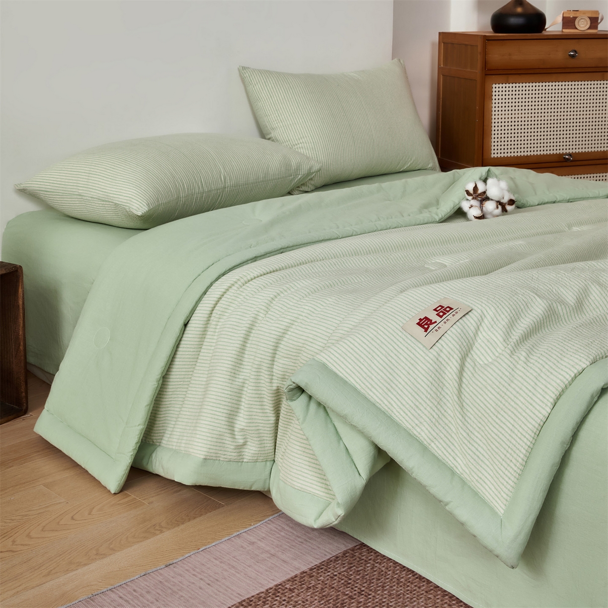 91家纺网 家纺一手货源 找家纺 恬思语家纺 2026新款春夏新款棉麻条纹棉花夏被空调被夏凉被 棉麻条-绿