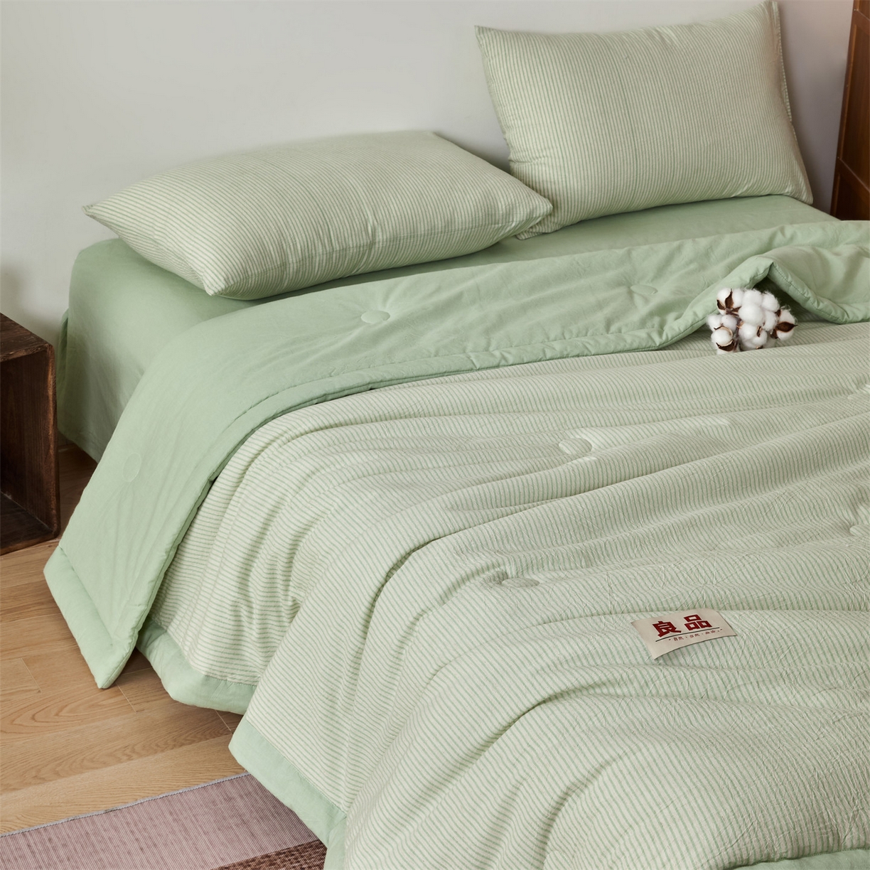 91家纺网 家纺一手货源 找家纺 恬思语家纺 2026新款春夏新款棉麻条纹棉花夏被空调被夏凉被 棉麻条-绿