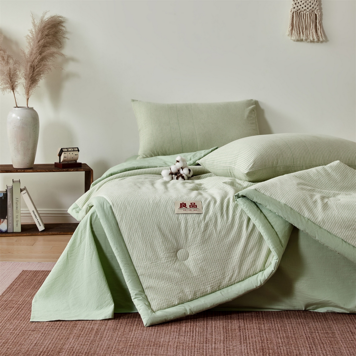 91家纺网 家纺一手货源 找家纺 恬思语家纺 2026新款春夏新款棉麻条纹棉花夏被空调被夏凉被 棉麻条-绿