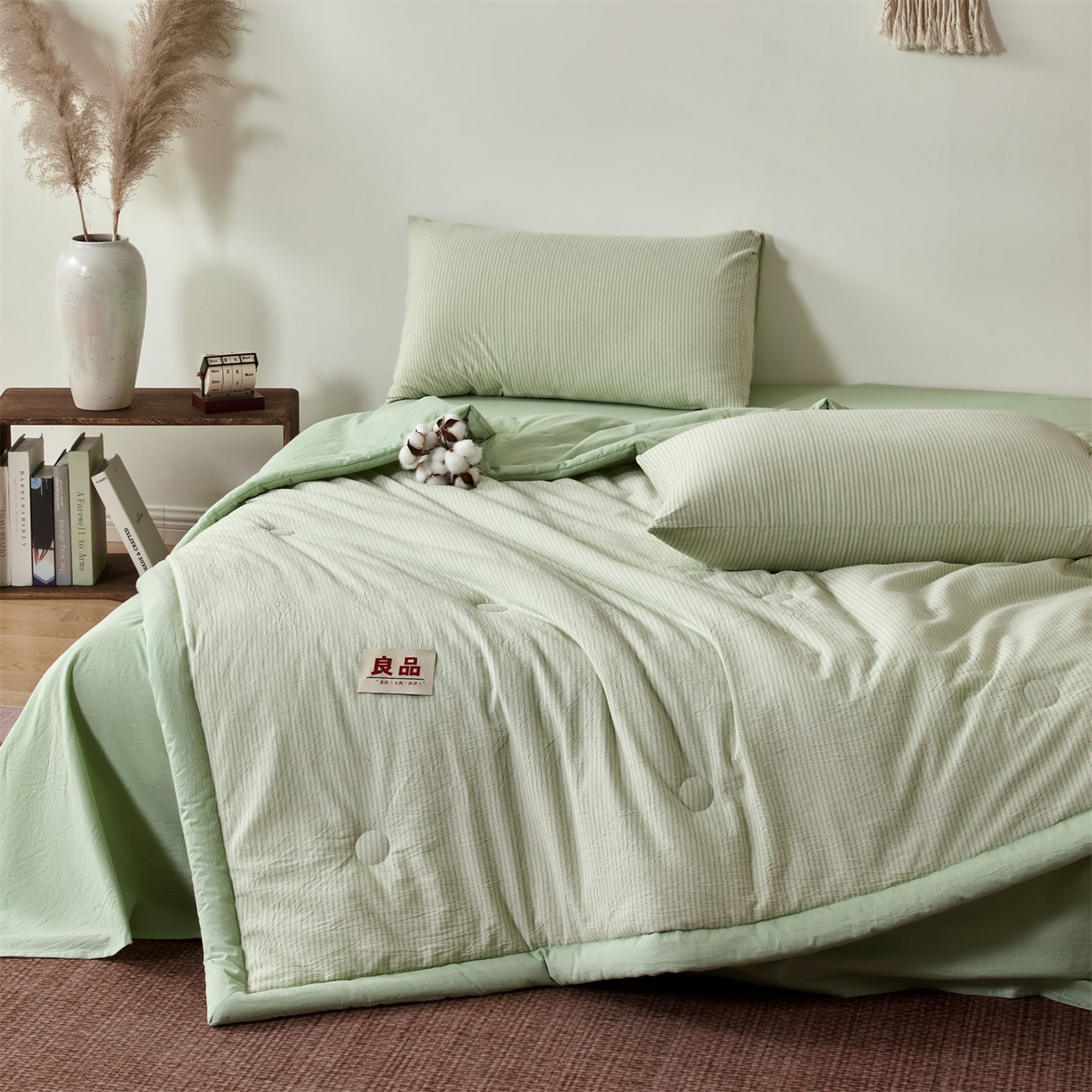 91家纺网 家纺一手货源 找家纺 恬思语家纺 2026新款春夏新款棉麻条纹棉花夏被空调被夏凉被 棉麻条-绿