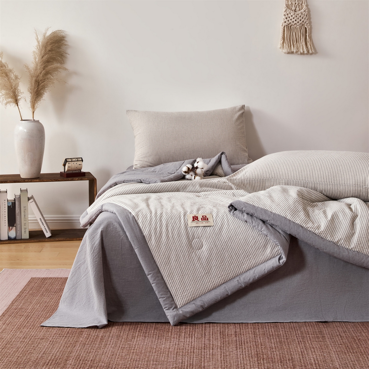 91家纺网 家纺一手货源 找家纺 恬思语家纺 2026新款春夏新款棉麻条纹棉花夏被空调被夏凉被 棉麻条-灰