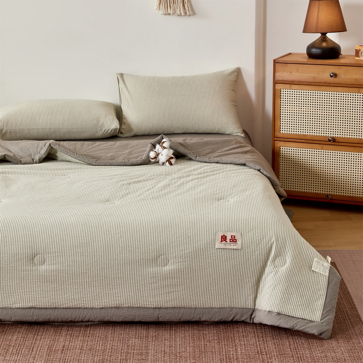 91家纺网 家纺一手货源 找家纺 恬思语家纺 2026新款春夏新款棉麻条纹棉花夏被空调被夏凉被 棉麻条-橄榄绿