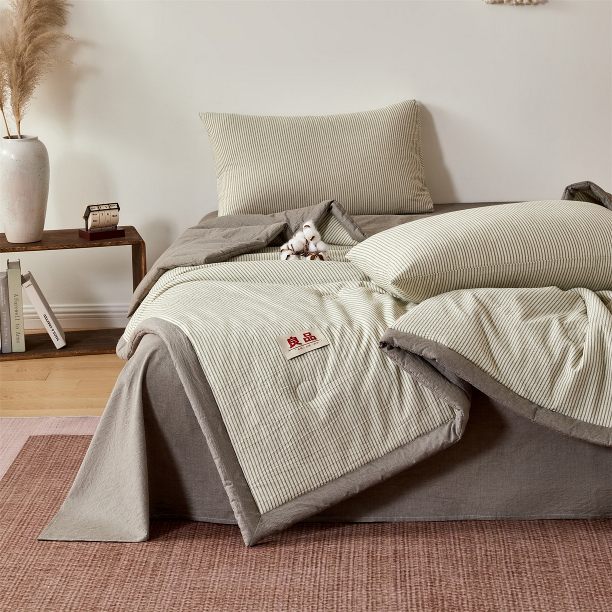 91家纺网 家纺一手货源 找家纺 恬思语家纺 2026新款春夏新款棉麻条纹棉花夏被空调被夏凉被 棉麻条-橄榄绿