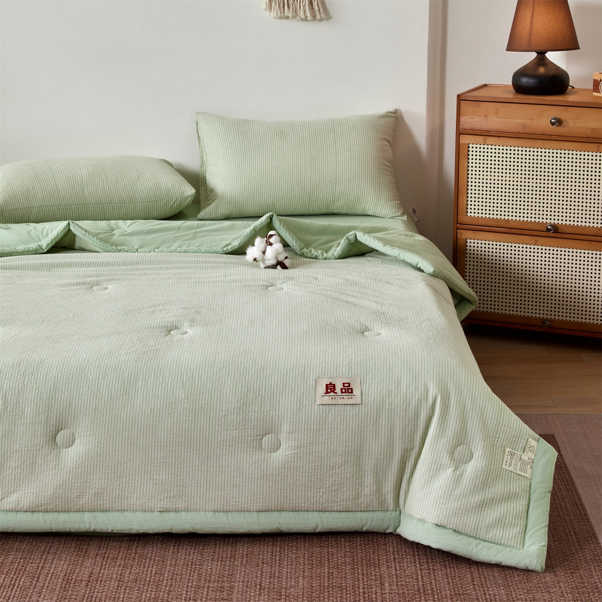 91家纺网 家纺一手货源 找家纺 恬思语家纺 2026新款春夏新款棉麻条纹棉花夏被空调被夏凉被 棉麻条-绿