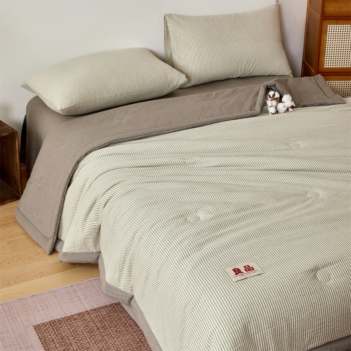 91家纺网 家纺一手货源 找家纺 恬思语家纺 2026新款春夏新款棉麻条纹棉花夏被空调被夏凉被 棉麻条-橄榄绿