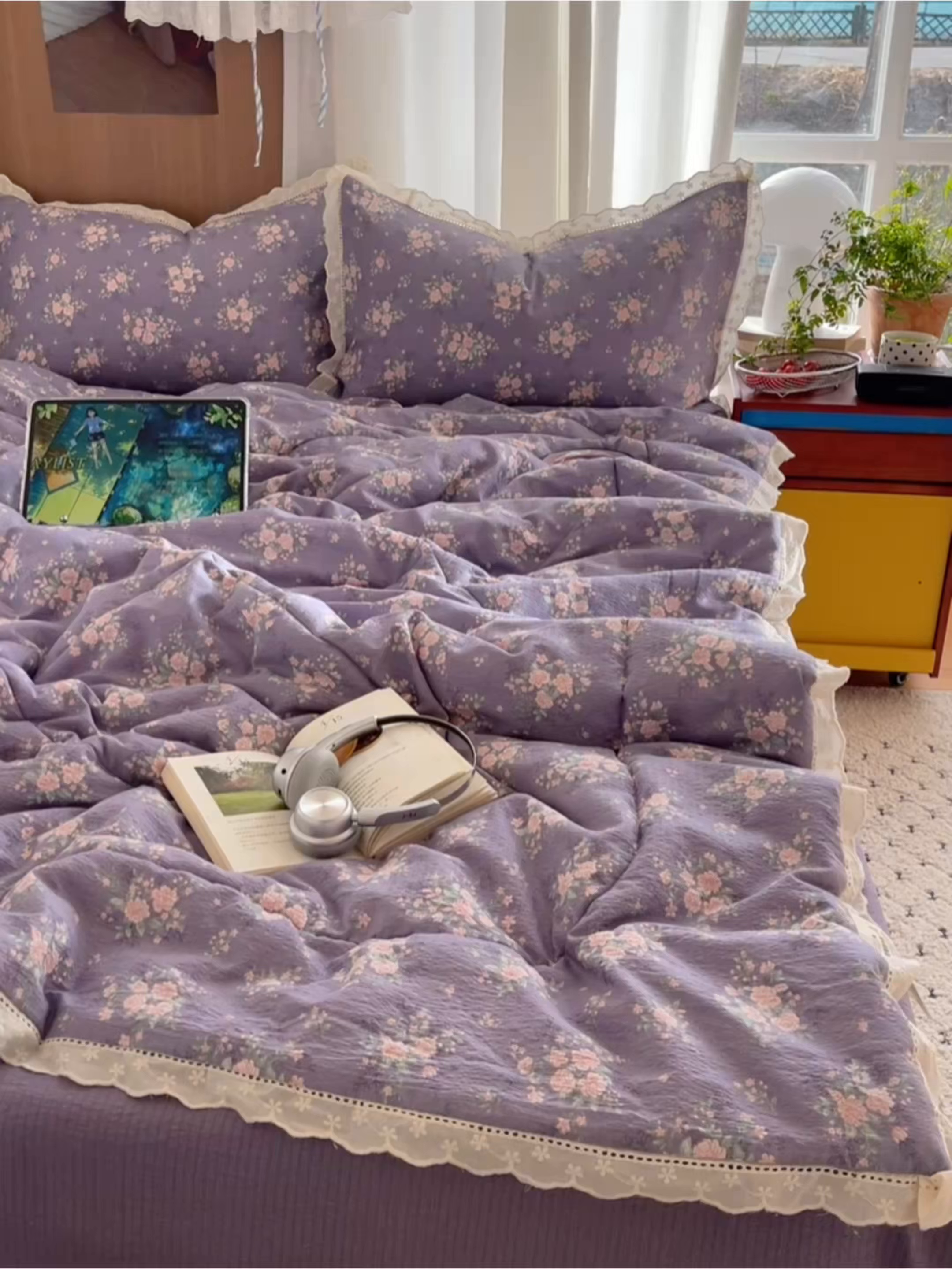 91家纺网 家纺一手货源 找家纺 梵克保罗 2026春夏新款全棉纯棉花边皱皱纱单夏被夏凉被空调被夏被四件套 樱络紫