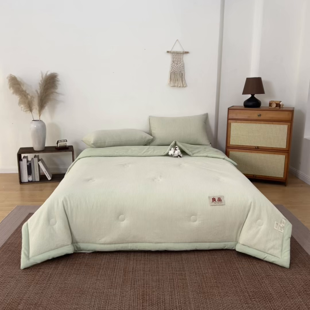 91家纺网 家纺一手货源 找家纺 恬思语家纺 2026新款春夏新款棉麻条纹棉花夏被空调被夏凉被 棉麻条-绿