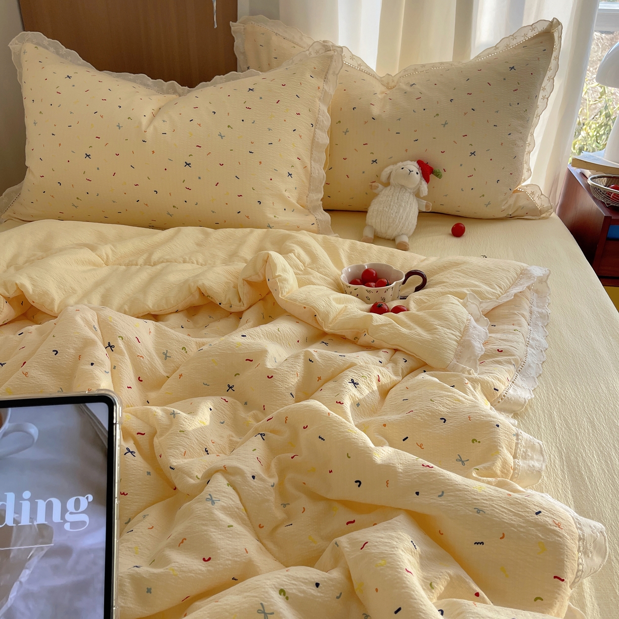 91家纺网 家纺一手货源 找家纺 梵克保罗 2026春夏新款全棉纯棉花边皱皱纱单夏被夏凉被空调被夏被四件套 元气点