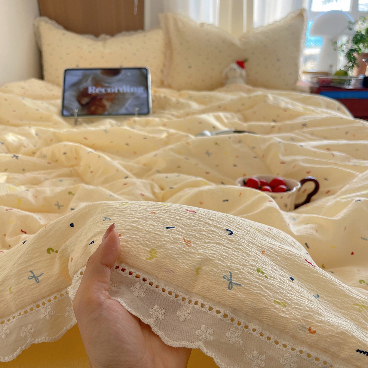 91家纺网 家纺一手货源 找家纺 梵克保罗 2026春夏新款全棉纯棉花边皱皱纱单夏被夏凉被空调被夏被四件套 元气点