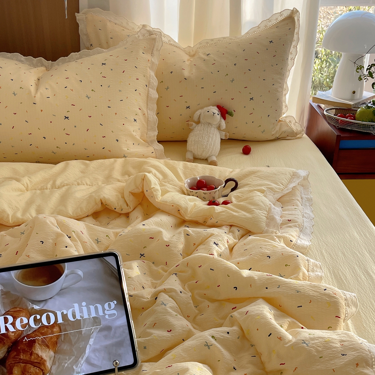 91家纺网 家纺一手货源 找家纺 梵克保罗 2026春夏新款全棉纯棉花边皱皱纱单夏被夏凉被空调被夏被四件套 元气点