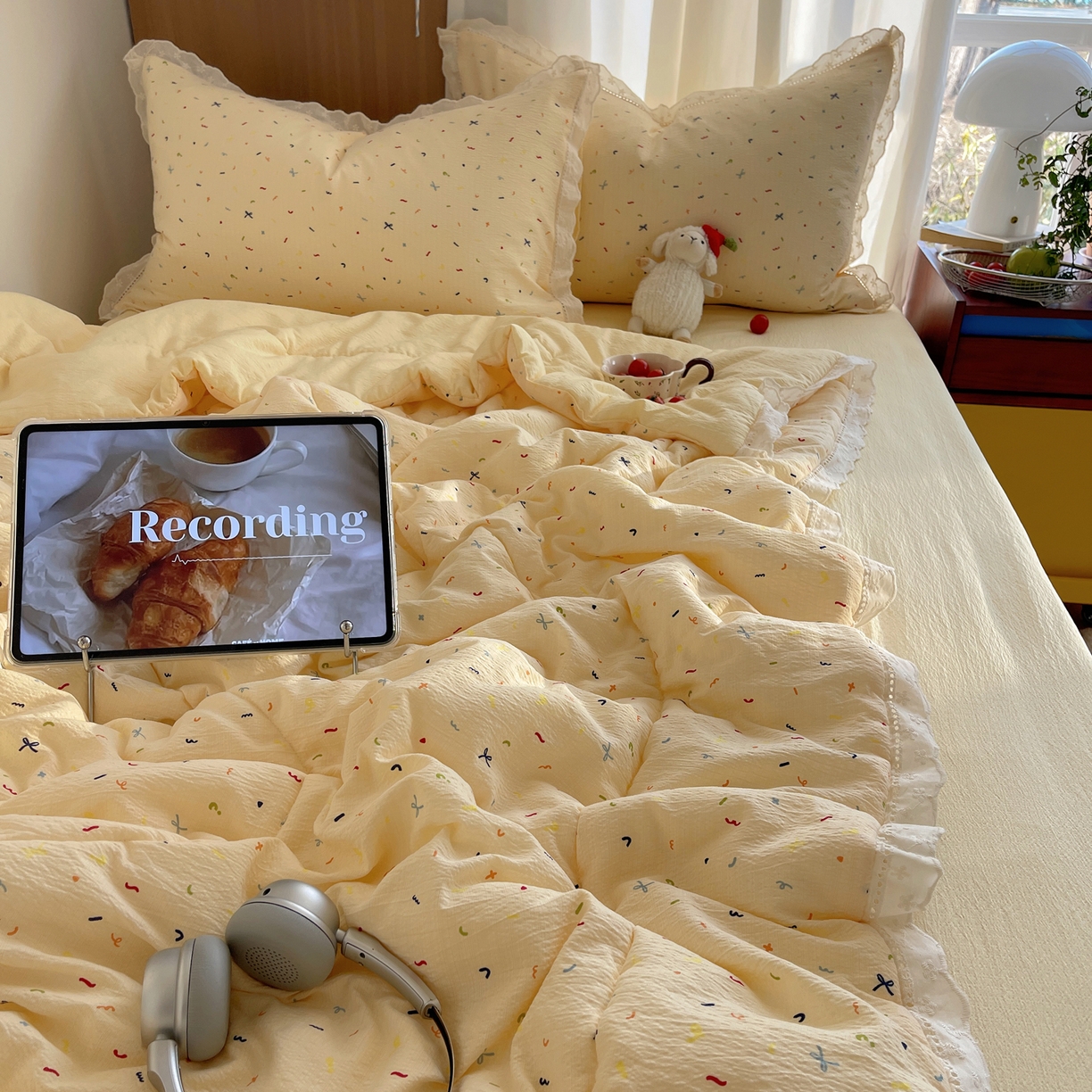 91家纺网 家纺一手货源 找家纺 梵克保罗 2026春夏新款全棉纯棉花边皱皱纱单夏被夏凉被空调被夏被四件套 元气点