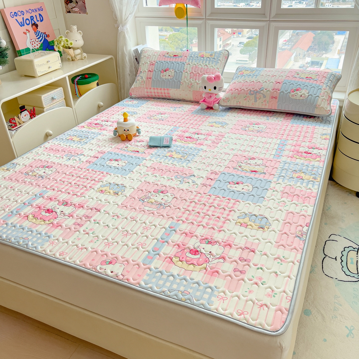 91家纺网 家纺一手货源 找家纺 丝羽坊 2026新款高密凉感丝印花乳胶凉席-平铺款 糖果猫咪