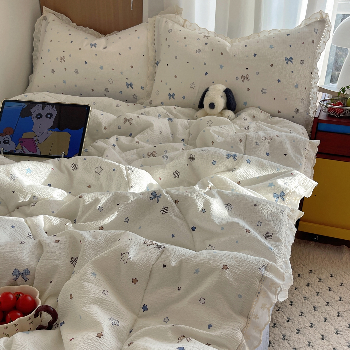 91家纺网 家纺一手货源 找家纺 梵克保罗 2026春夏新款全棉纯棉花边皱皱纱单夏被夏凉被空调被夏被四件套 云星结