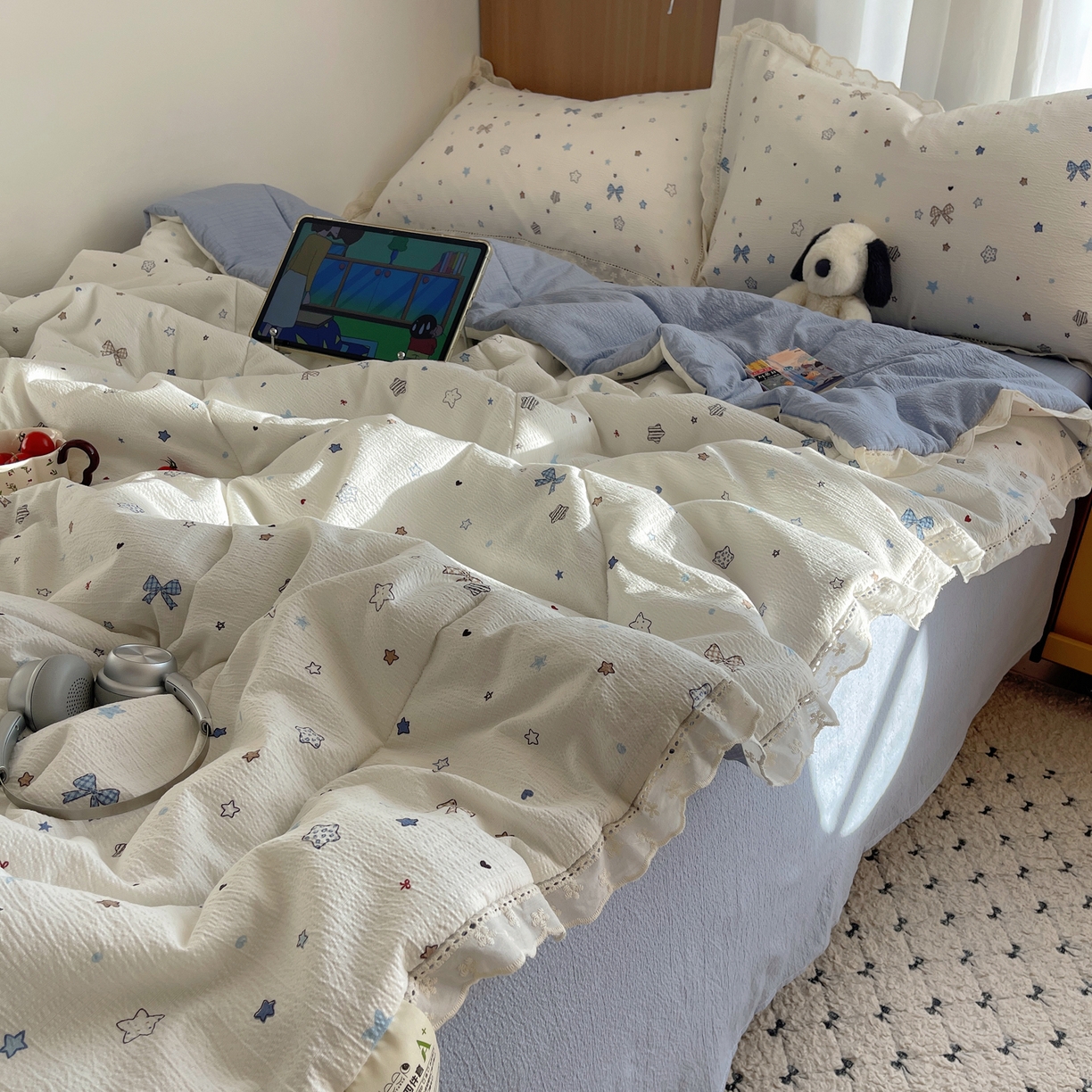 91家纺网 家纺一手货源 找家纺 梵克保罗 2026春夏新款全棉纯棉花边皱皱纱单夏被夏凉被空调被夏被四件套 云星结