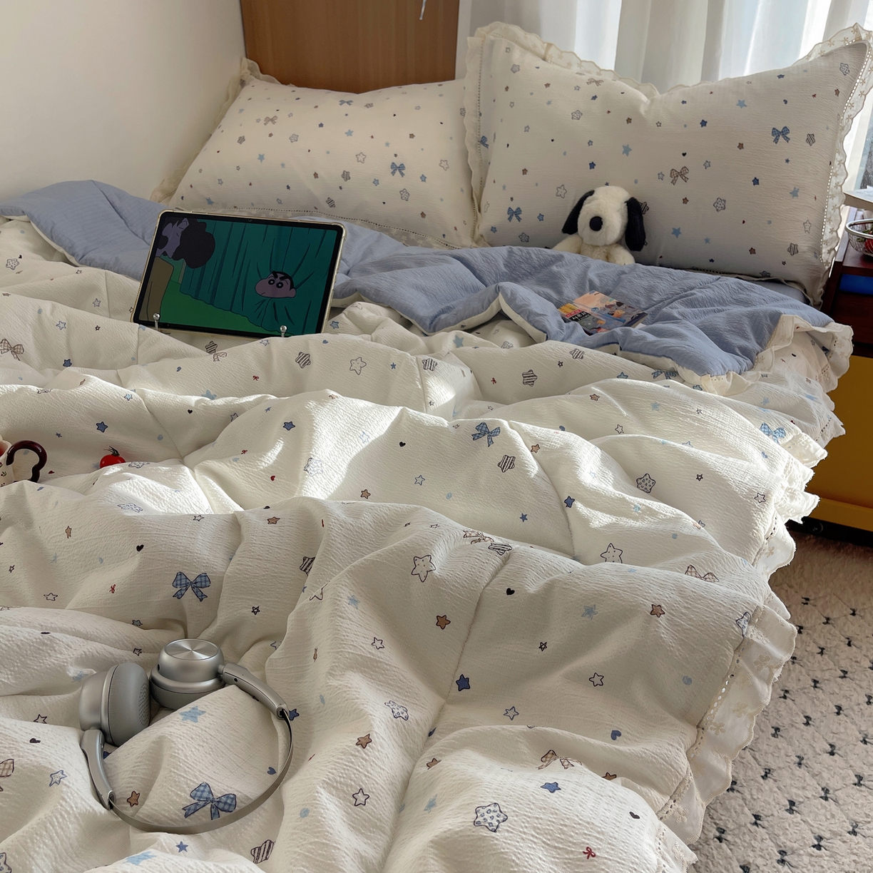 91家纺网 家纺一手货源 找家纺 梵克保罗 2026春夏新款全棉纯棉花边皱皱纱单夏被夏凉被空调被夏被四件套 云星结