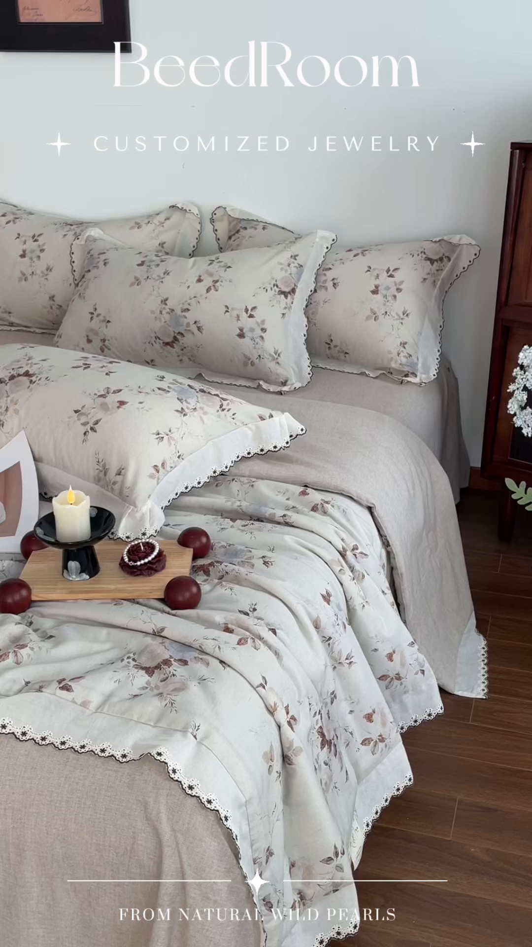 91家纺网 家纺一手货源 找家纺 慕晨 2026新款天丝莱赛尔棉麻数码印色织花边夏被四件套高级田园美式直播热款 浅棠